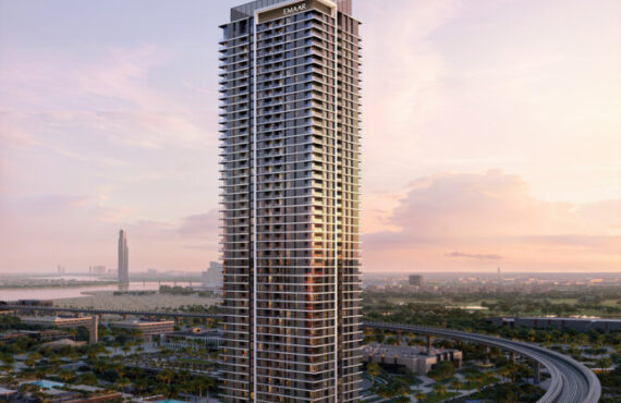 Front view of Montiva by Vida high-rise residential tower at sunset