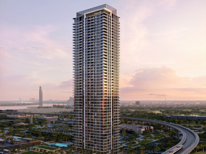 Front view of Montiva by Vida high-rise residential tower at sunset