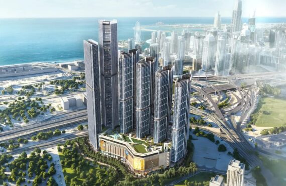 Aerial view of The Horizon towers with Dubai skyline and coastline in the background
