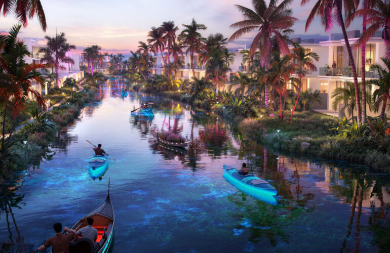 Aerial view of beachfront amenities and entertainment hub at DAMAC Islands Phase 2.