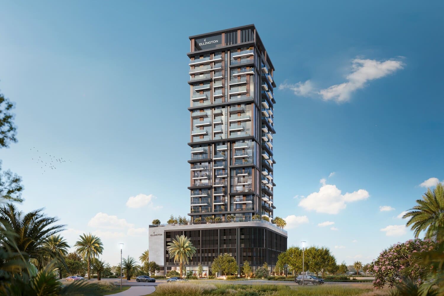 Exterior view of Riverton House, a modern residential high-rise tower with contemporary design.