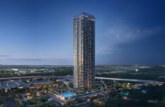 Aerial view of Lyvia by Palace residential tower surrounded by greenery
