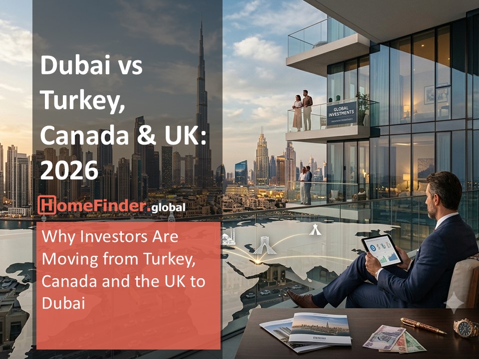 A professional real estate investment banner split diagonally into contrasting sections. One side features the luxury skyscrapers and waterfront properties of Dubai under bright sunlight. The other side is dynamically divided with diagonal lines showing iconic architectural elements of London, Toronto, and Istanbul. Modern property investment aesthetic, clean composition, sophisticated editorial style, realistic architecture, suitable for a financial and real estate comparison article.