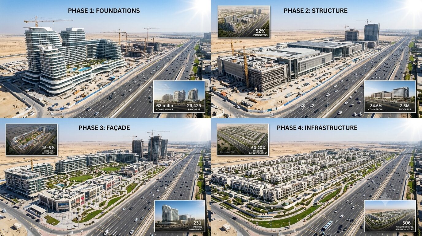 A comparison or composite image of modern off-plan construction projects situated along major roads, such as Sheikh Mohammed Bin Zayed Road.
