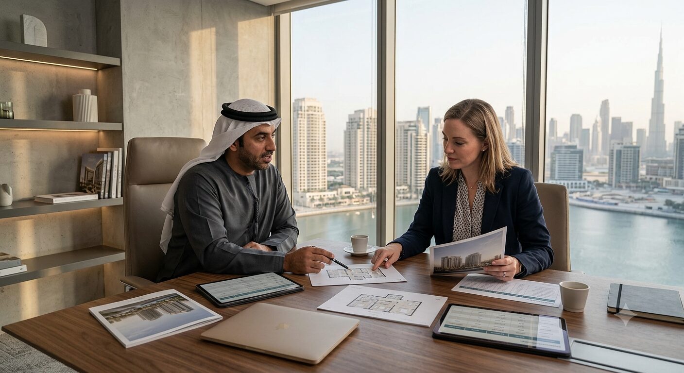 International property buyer comparing Dubai real estate options with a professional advisor