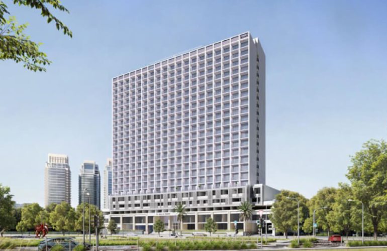 A photo of a gray cube-shaped apartment