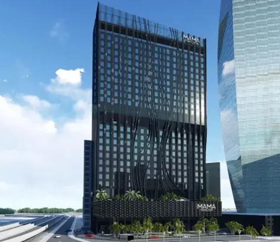 Modern architectural rendering of Mama Residences, a luxury 26-storey building offering fully furnished apartments with high-end amenities, located in Business Bay, Dubai