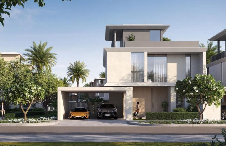 Exterior view of Selvara’s stylish villas with palm trees and a driveway.