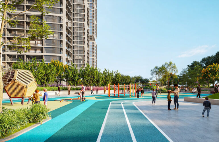 Outdoor jogging track and landscaped green path at Sobha Central