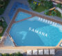 Aerial view of the pool area with "Samana" logo and lounge chairs
