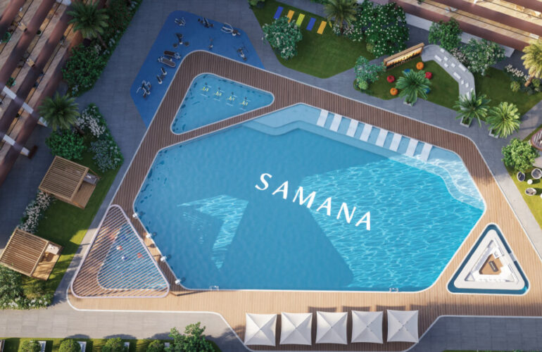 Aerial view of the pool area with "Samana" logo and lounge chairs