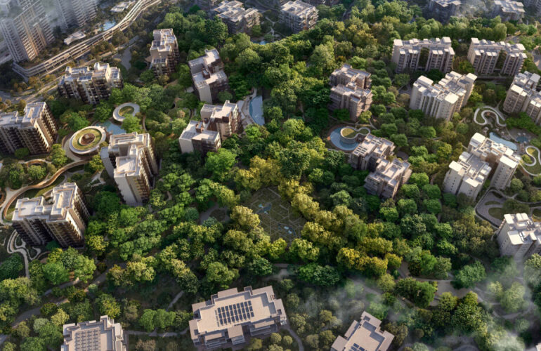 Explore Capria at Ghafwoods by Majid Al Futtaim from above, a community immersed in greenery, offering a unique blend of nature and urban living.