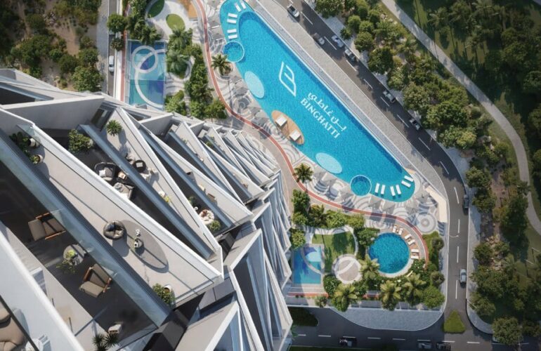 Top-down view of landscaped pool area at Binghatti Circle by Binghatti in Dubai