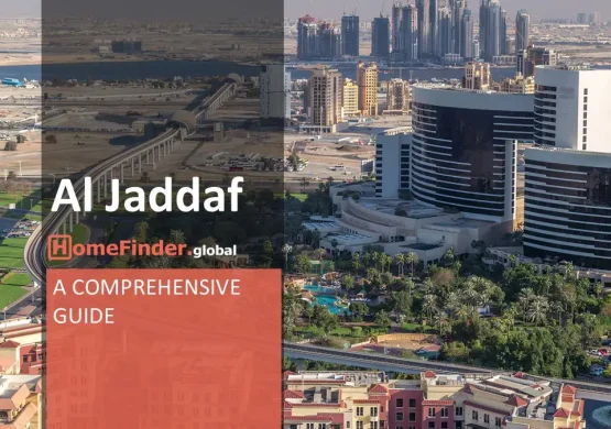 Al Jaddaf Aerial view of a modern urban landscape in Dubai, showcasing a raised monorail system running through lush greenery, resort-like pools, and buildings in diverse architectural styles, with high-rise towers in the background