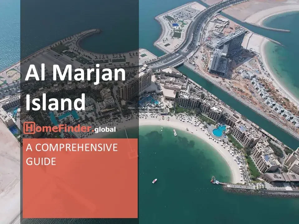 Aerial view of Al Marjan Island in Ras Al Khaimah, UAE, showing luxury beachfront resorts, white-sand beaches, turquoise waters, and a long pier extending into the sea. The image captures pools, lounging areas with umbrellas, and boats near the shoreline. Ongoing construction is visible in the background, highlighting the island's future development potential.