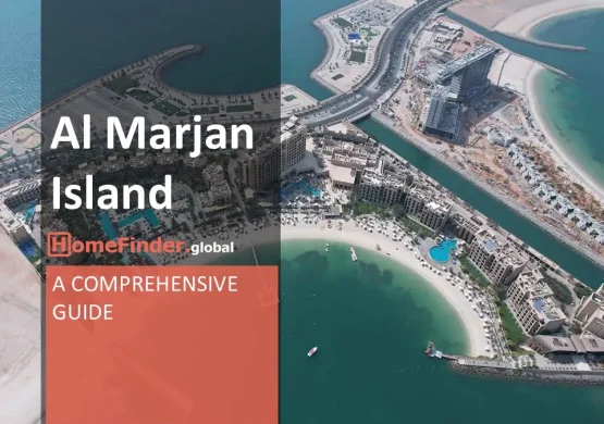 Aerial view of Al Marjan Island in Ras Al Khaimah, UAE, showing luxury beachfront resorts, white-sand beaches, turquoise waters, and a long pier extending into the sea. The image captures pools, lounging areas with umbrellas, and boats near the shoreline. Ongoing construction is visible in the background, highlighting the island's future development potential.