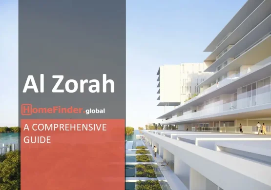 Rendering of the Al Zorah Gateway, showcasing modern architectural design with green spaces, and a blend of natural surroundings and urban development, featuring sleek buildings and open areas