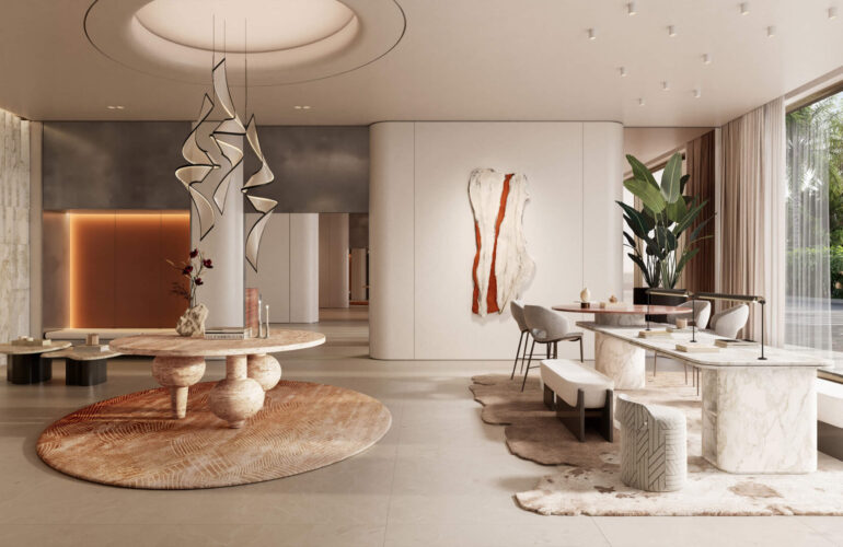 Modern dining and living area with artistic design at Altiera Heights