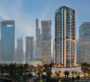 Modern high-rise tower of Altiera Heights surrounded by greenery and city skyline in Dubai