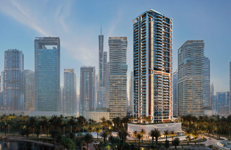 Modern high-rise tower of Altiera Heights surrounded by greenery and city skyline in Dubai