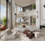 Spacious living room with city skyline view at Altiera Heights Dubai