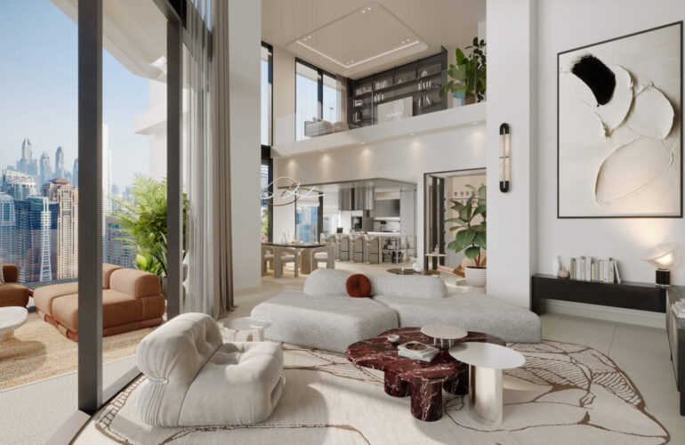 Spacious living room with city skyline view at Altiera Heights Dubai