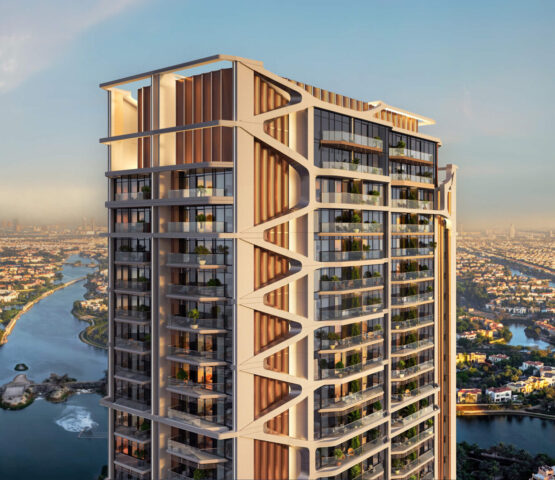 Elevated view of Altiera Heights with Dubai skyline and waterways