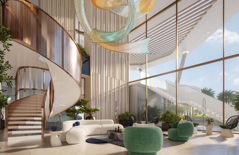 Bright stairwell with green design and large windows at The Mural by Beyond in Dubai