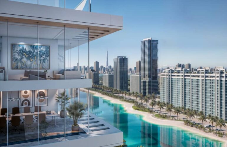 Private balcony at Ayaan Heights overlooking the lagoon and Dubai skyline