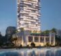 Night view of Ayaan Heights residential tower with illuminated façade and poolside