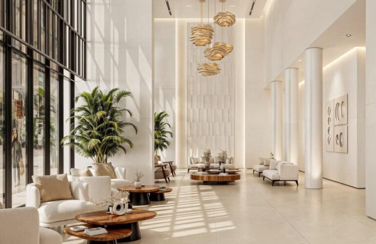 Luxurious lobby with high ceilings, modern furniture, and large glass windows at Ayaan Heights