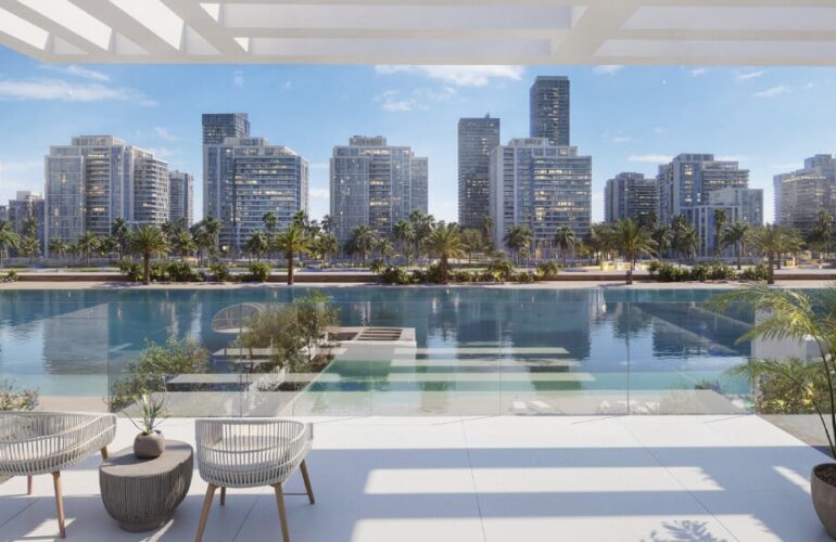 Panoramic view from Ayaan Heights apartments overlooking the crystal lagoon and cityscape