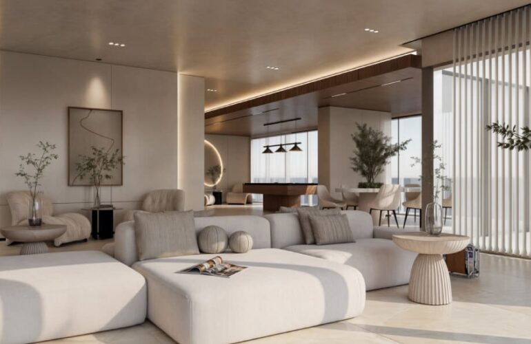 Elegant lounge space with contemporary seating inside Ayaan Heights residential tower