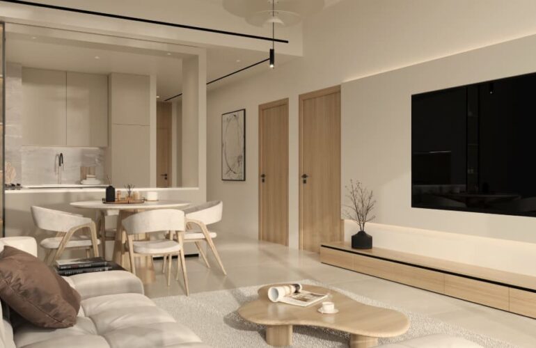 Spacious living room at Ayaan Heights apartment with elegant neutral interior design
