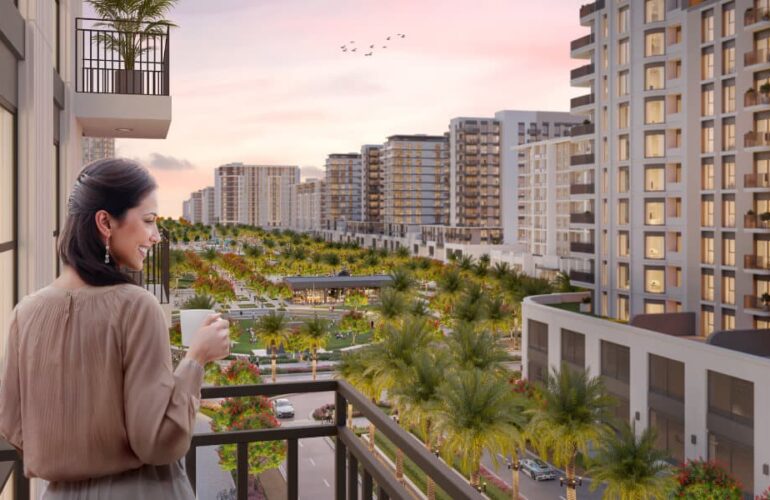 Scenic balcony overlooking the gardens and buildings of Camden Dubai