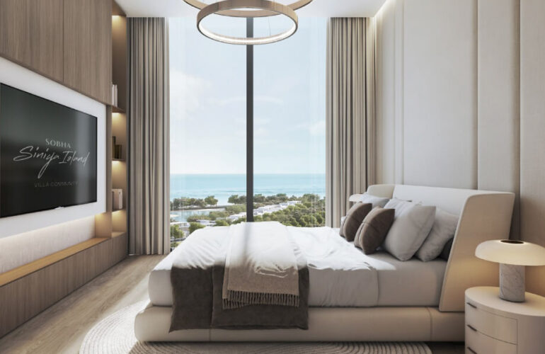 Bright and elegant bedroom at Bayfront Marina Residences in Dubai, offering a stunning oceanfront view.