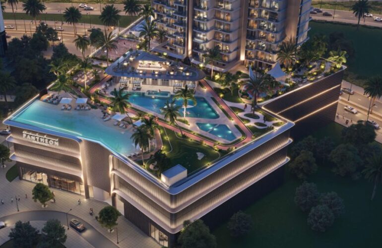Beachside infinity pool and sun loungers at Voxa by Pantheon with skyline views