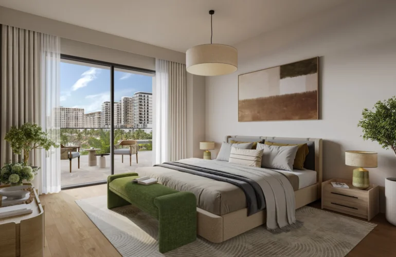 Calm and comfy bedroom at Alton, Town Square Dubai, with natural light and greenery.
