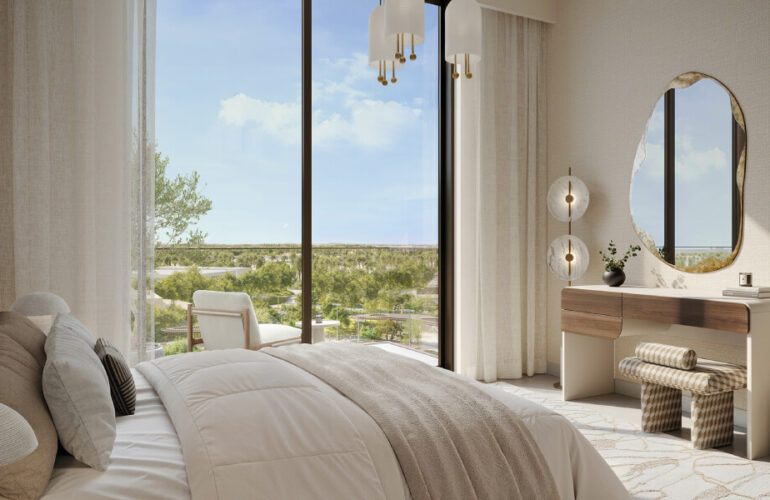 Contemporary living room with park views at Vida Residences Hillside Dubai