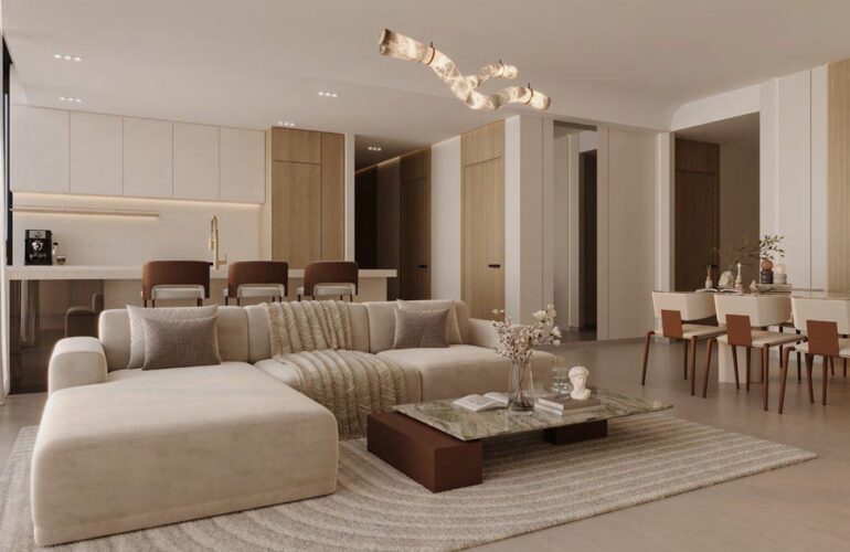 Twin-bed suite at Binghatti Flare, Dubai, offering a built-in sitting space and warm, neutral interiors.