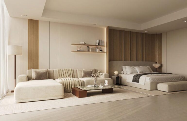 Spacious studio apartment in Binghatti Flare, Dubai, combining bedroom, living, and open kitchen with contemporary styling.