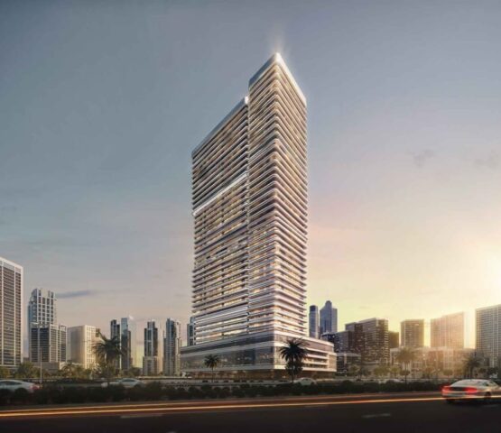 Exterior view of Binghatti Hillviews tower at sunset in Dubai skyline