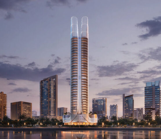 Modern twin-tower design of Binghatti Skyhall Dubai set against the urban daytime skyline of Dubai.