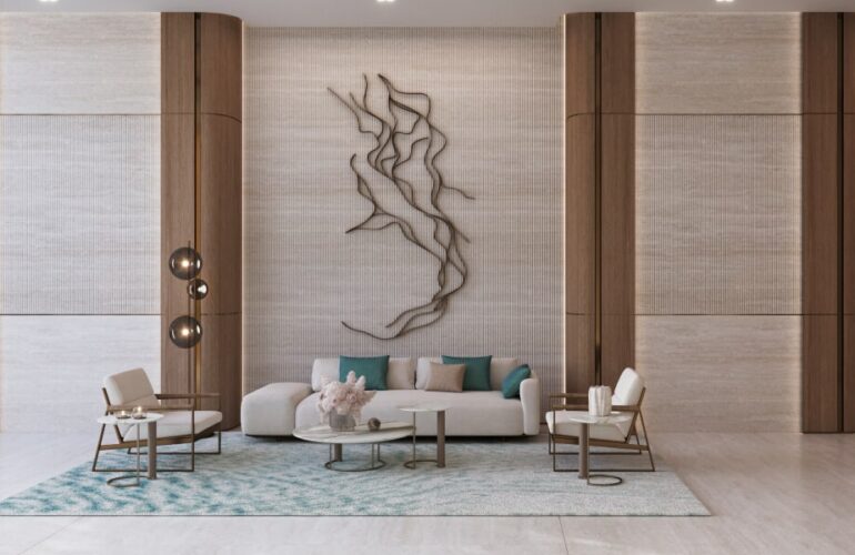 Stylish and modern lobby of Binghatti Twilight in Dubai featuring contemporary seating and wall art.