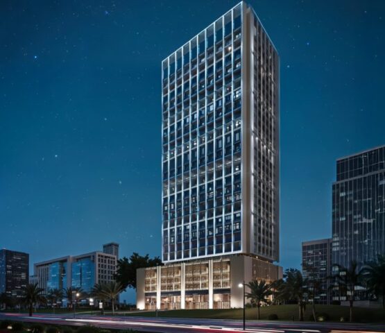 Night view of the Binghatti Twilight tower in Dubai with illuminated façade and city skyline