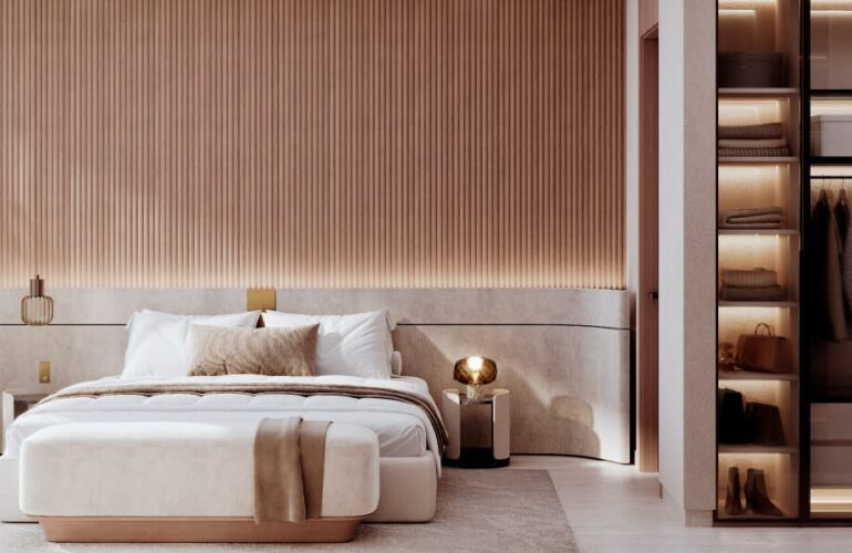Sophisticated bedroom at Binghatti Twilight in Dubai with warm tones and modern decor
