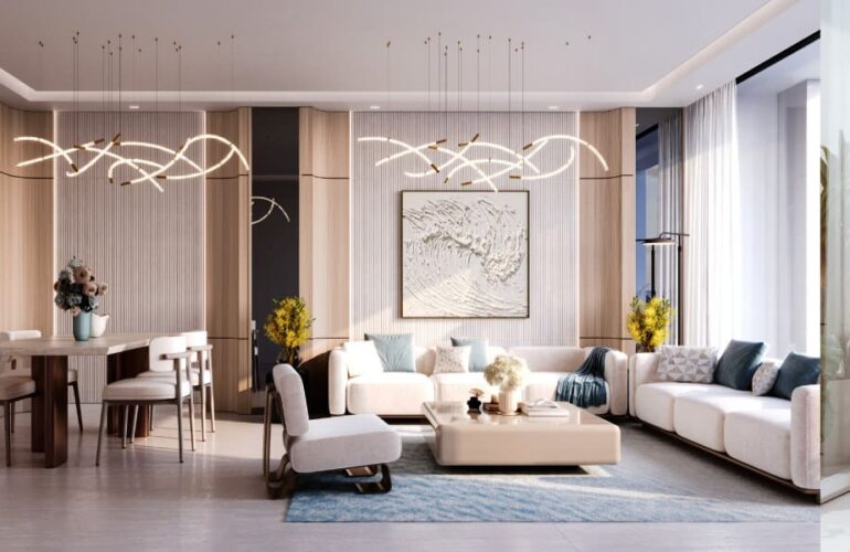 Bright and airy living room at Binghatti Twilight in Dubai with contemporary furnishings and artistic lighting.