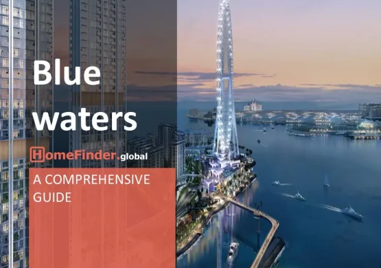 A scenic view of Bluewaters Island in Dubai during sunset, showcasing the Ain Dubai (Dubai Eye) Ferris wheel illuminated with lights, surrounded by modern skyscrapers, luxury buildings, and yachts on the water. A "HomeFinder.global" banner overlay features the text: "Bluewaters - A Comprehensive Guide