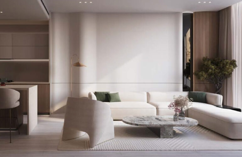 Spacious and beautifully designed living room at Binghatti Starlight Dubai
