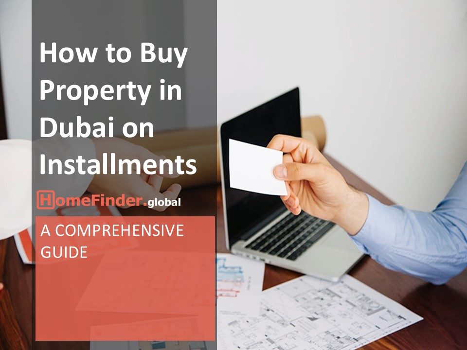 A professional guide cover for purchasing property in Dubai through installments, featuring a business setting with documents and a person holding a card.